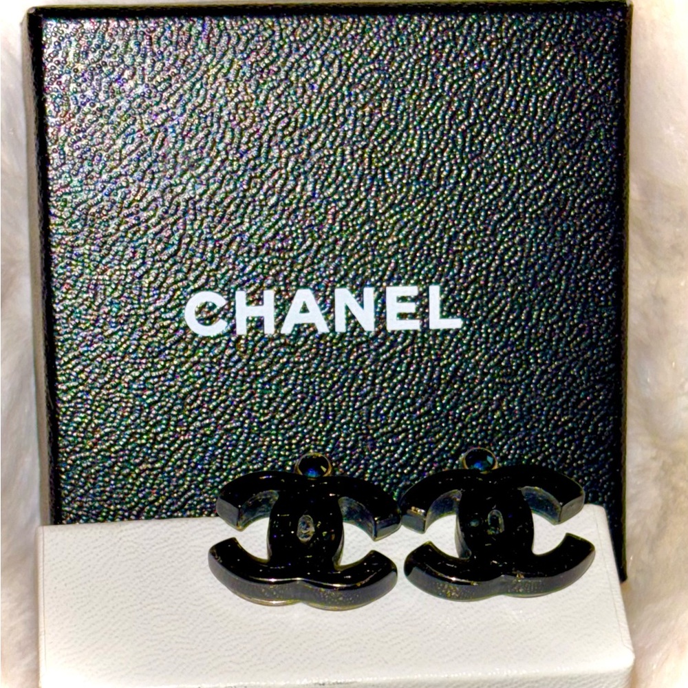 CHANEL Blue Crystal Logo Earrings - Authentic- with Box/Bag - Picture 9 of 13